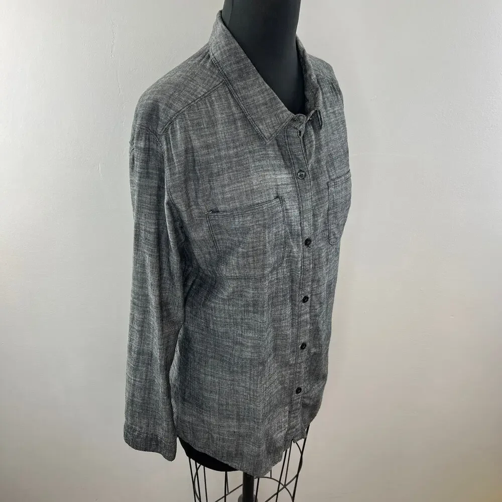 FREE PEOPLE Gray Cotton Long Sleeve Button Down Laser Cut Back Blouse Size L